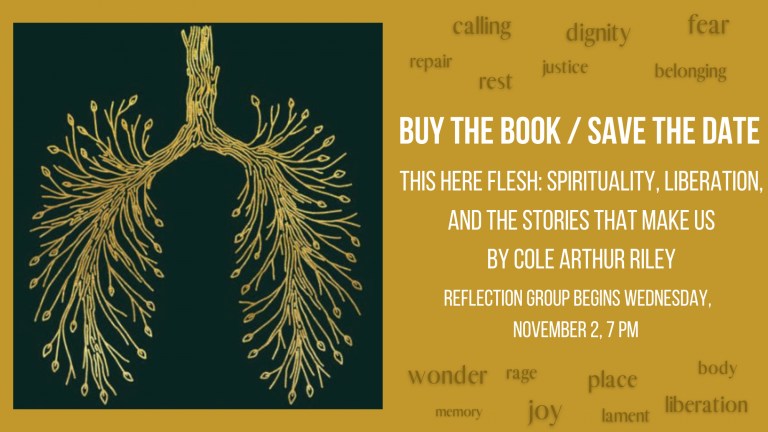 Text about This Here Flesh reflection group, with the cover illustration from the book: what looks like both a set of lungs and the roots of a tree, in gold