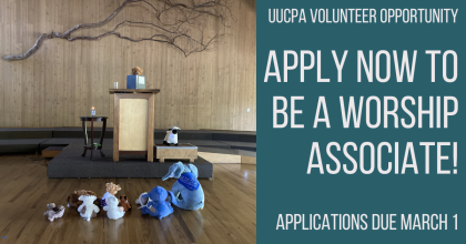 A photo shows stuffed animals at the pulpit, while other stuffed animals sit in the congregation. The words are "Apply to be a Worship Associate! Application Due March 1."