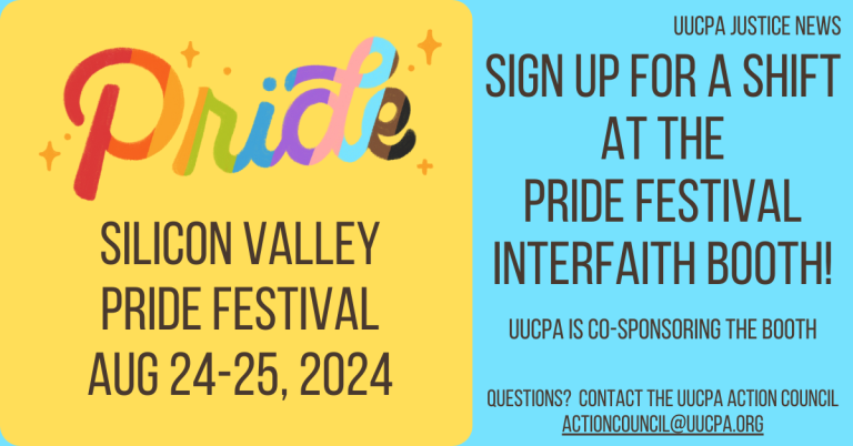 Sign up for a shift at the interfaith booth at the Silicon Valley Pride Festival Aug 24-25!