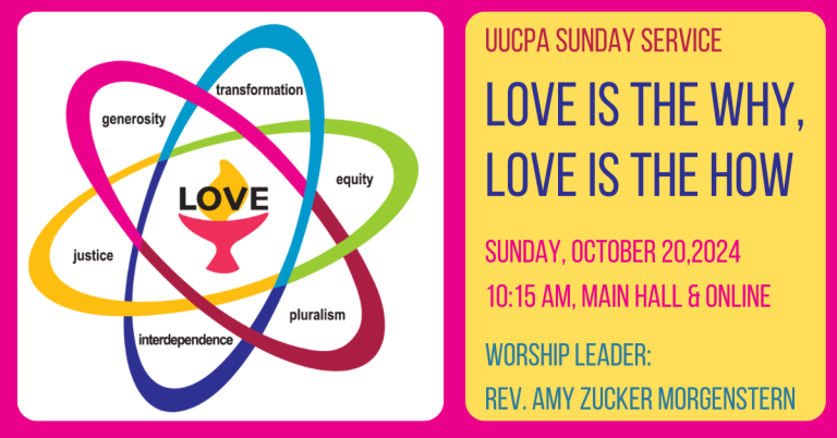 A chalice with word Love over the flame, surrounded by three interlocking and elliptical orbits of color resembling the stylized motion of subatomic particles. As orbits intersect, colors shift from dark pink to red, aqua to dark blue, and goldenrod to bright green. Within open spaces formed by each interlocking orbit is text for six UU shared values, clockwise: transformation (aqua), equity (bright green), pluralism (red), interdependence (dark blue), justice (goldenrod), and generosity (dark pink).