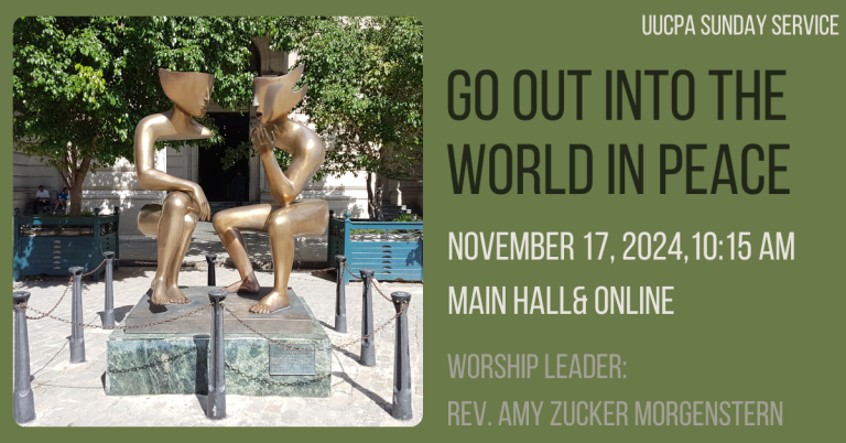 An abstract brass sculpture of two people sitting and talking