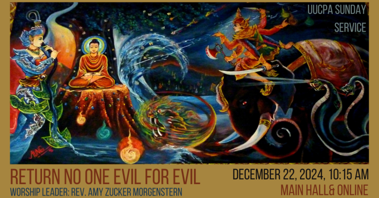 Painting of the Buddha defeating Mara is accompanied by service details