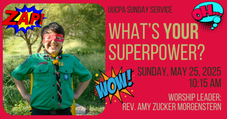 A smiling boy in a Mexico Scouts uniform, superhero cape, and mask, stands outside, facing us, with his hands on his hips. Comics effects ("Zap!" "Wow!" "Ohhh...") also sprinkle the layout