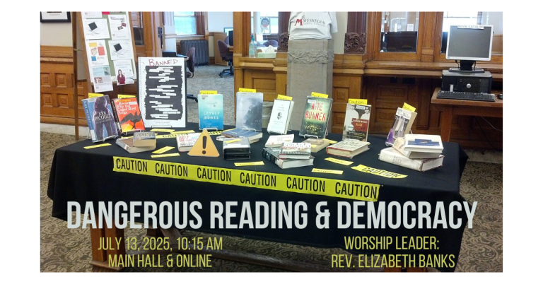A table displays various books behind caution tape, with a notice saying "Banned Books"
