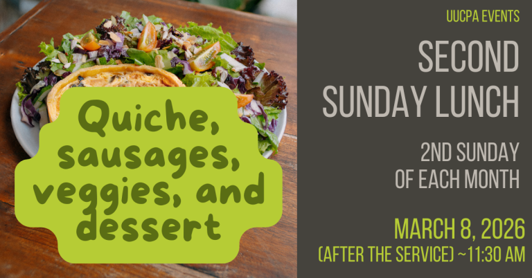 Second Sunday Lunch March 8 - quiche, sausages, veggies, and dessert